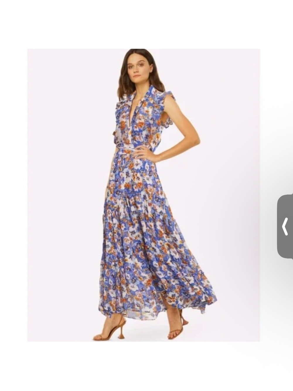 MISA Los Angeles Floral Blue Maxi Dress with Ruffle V-Neck, XS, runs large